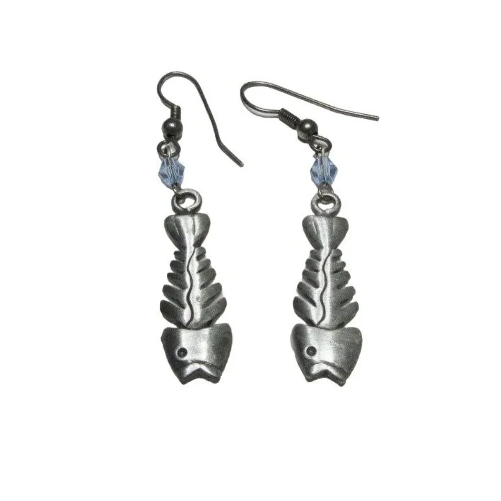 Silver Fishbone Drop Dangle Hook Earrings